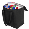A black cooler bag filled with various food items, including drink containers and a tub of cheese.
