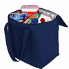 A navy blue cooler bag containing dairy products, a drink bottle, and packaged snacks. It has a silver insulated interior.