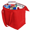 A red cooler bag filled with drink bottles, food containers, and assorted groceries. It has sturdy handles and a logo.