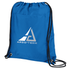 A blue drawstring cooler pack with black straps and a logo on the front.
