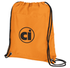 An orange drawstring cooler pack with a black logo, featuring a single compartment and adjustable straps.