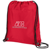 A red drawstring cooler pack with a black drawcord and a logo on the front.