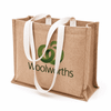A jute tote bag with a gusset, featuring natural brown colour and white handles, and displaying a logo.