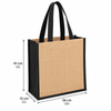 A large jute tote bag with gusset features black handles and a natural beige body. It includes a logo.
