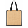A large jute tote bag with a gusset, featuring a natural beige body and black handles. It has a logo on one side.