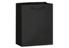 A black medium-sized laminated paper bag with a handle and a logo, featuring a sleek design.