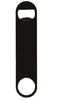 A black powder-coated steel bottle opener featuring a simple paddle style design and a logo.