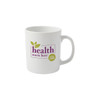 A plain white ceramic mug with a handle featuring a logo and green leaves design.
