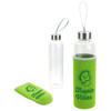 A drink bottle featuring a transparent glass design with a green neoprene sleeve and a matching cap.