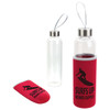A drink bottle featuring a clear glass design with a red neoprene sleeve and a logo.