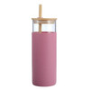 A drink bottle with a pink silicone exterior and a transparent glass inner, featuring a bamboo lid and straw.