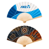 A foldable paper fan featuring blue and white designs on one side and Aboriginal art with a kangaroo on the other.