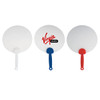 Three plastic hand fans in white, blue, and red, featuring a logo on one of them.