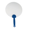A plastic hand fan with a round white surface and a blue handle, featuring a logo on the handle.