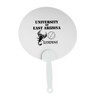 A round white plastic hand fan with a handle and a logo featuring a scorpion. Includes text related to a university.