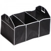 A black expandable boot organiser with three compartments and carrying handles. It features a contrasting white trim.