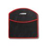 A black expandable boot organizer with red trim and a handle, featuring a front mesh pocket.