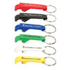 A drink bottle opener keyring collection featuring red, black, blue, green, and yellow options, each with a logo.