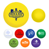 A yellow stress ball with a logo, alongside various other coloured stress balls featuring different logos.