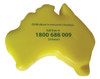 A yellow stress shape in the form of Australia, featuring a logo and text on its surface.