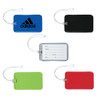 Five luggage tags in various colours: blue, black, green, red, and clear, featuring a logo and contact details section.
