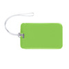 A green luggage tag with a clear loop attachment for easy identification.