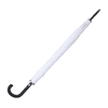 A white umbrella with a black curved handle, featuring a logo on the handle.