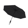 A black umbrella with a curved handle and a standard eight-panel design, featuring a logo.