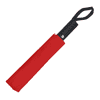 A red umbrella with a black handle, stored in a matching red sleeve. The umbrella includes a branding logo.