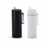 A drink bottle featuring a 650ml stainless steel thermos in black and white, with a silicone handle and a straw.