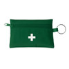 A green first aid travel kit with a zippered closure and a keyring, featuring a white cross symbol.