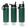 A drink bottle in green with three different lid options: screw cap, flip top, and rotating carry handle.