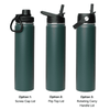 A drink bottle in green, featuring three lid options: screw cap, flip top, and rotating carry handle.