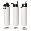 A drink bottle in white featuring three different lid options: screw cap, flip top, and rotating carry handle.