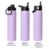 A drink bottle set featuring three 750ml vacuum bottles in lavender, each with different lid options: screw cap, flip top, and rotating carry handle.