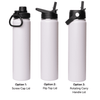 A drink bottle trio in white, featuring a screw cap lid, flip top lid, and rotating carry handle lid.