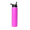 A drink bottle featuring a bright pink body and a black flip top lid, with a logo on the side.