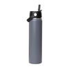 A drink bottle in grey with a black rotating carry handle lid and a small logo on the side.