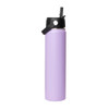A drink bottle in lavender colour with a black rotating carry handle lid and a logo.