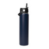 A drink bottle in navy blue with a black rotating carry handle lid and a logo. Ideal for keeping beverages hot or cold.