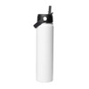 A drink bottle in white with a black rotating carry handle lid and a logo. Ideal for staying hydrated on the go.