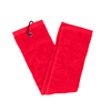 A red cotton golf towel with a hanging loop and a logo. Soft and absorbent material.
