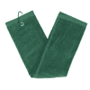 A green cotton golf towel displayed flat with a hanging loop, featuring a simple design.