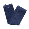 A navy cotton golf towel featuring a hanging loop, designed for easy attachment and use on the golf course.