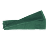 A green cotton golf towel featuring a loop for hanging and a stitched edge, with a branding logo.