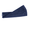 A navy cotton golf towel with a hanging loop. Features a textured finish for drying. Includes a logo.
