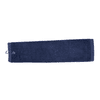 A navy cotton golf towel featuring a hook for easy attachment.