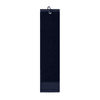A navy cotton golf towel with a hanging loop, featuring a simple design and a logo.