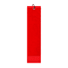 A red cotton golf towel with a hanging loop and a simple design. It features one logo on the surface.