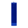 A blue cotton golf towel with a loop for hanging. Features a simple design and soft texture.